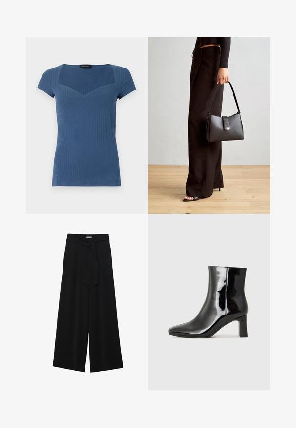 Ribbet blå kortærmet top med firkantet udskæring og tætsiddende design. Fremstillet af strækbart materiale med en subtil tekstur.; Sorte vide bukser i en tekstureret stofkvalitet, med elastisk talje og et aftageligt bånd i taljen for justerbar pasform.; Sort lakeret ankelstøvle med spids tå og en midt-højde blokhæl. Glat tekstur og minimalistisk design.; Sort håndtaske med struktureret form, glat overflade og metalspænde. Sammen med brede sorte bukser og sandaler med åben tå på trægulv.