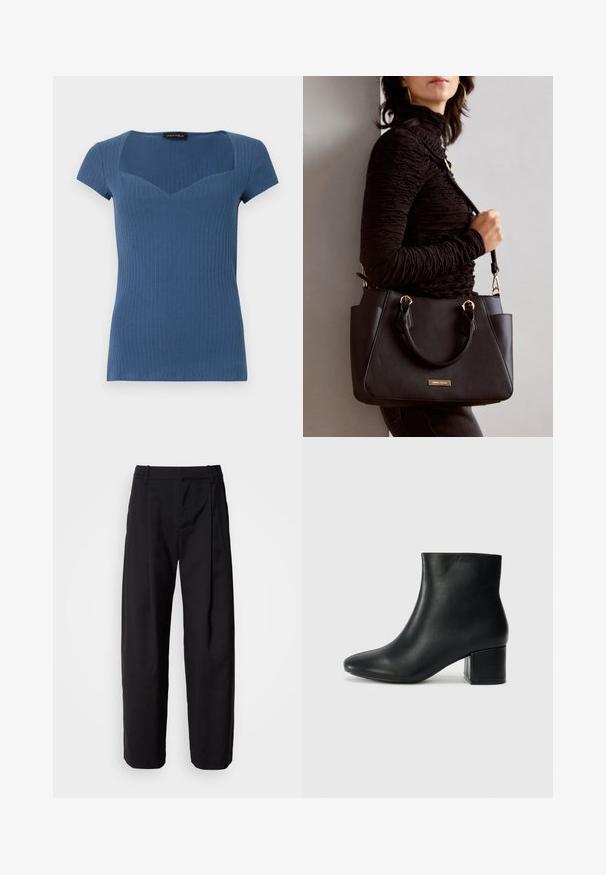 Ribbet blå kortærmet top med firkantet udskæring og tætsiddende design. Fremstillet af strækbart materiale med en subtil tekstur.; Sorte bukser med en afslappet pasform, plisseret front og bæltestropper. Glat stof og lige ben, med sidelommer.; Sorte læder ankelstøvler med spids tå og en kraftig hæl. Glat tekstur med minimale detaljer og et slankt, tætsiddende design.; Sort håndtaske med struktureret overflade, dobbelt topbærere og justerbar skulderrem. Udstyret med guldfarvet metalhardware og sidelommer.
