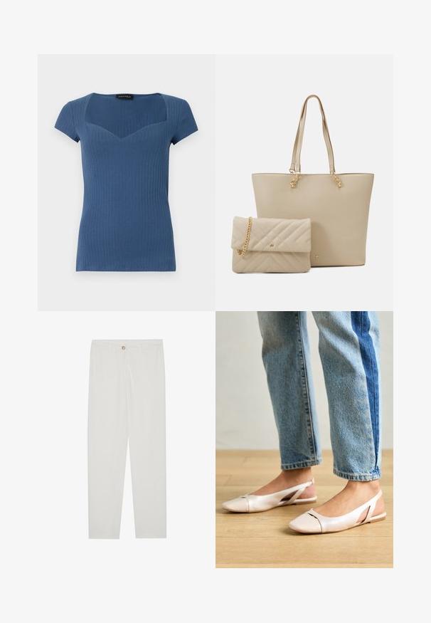 Ribbet blå kortermet topp med firkantet utringning og tettsittende design. Laget av elastisk materiale med en subtil tekstur.; Hvite, skreddersydde bukser med rette ben, med knapplukking, beltehemper og sidelommer; glatt tekstur.; Lys rosa slingback leiligheter med spiss tå, laget av et glatt, læraktig materiale. Har utskjæringer på sidene og lav hæl.; Beige totebag med flate håndtak, glatt tekstur og gullkomponenter, sammen med en matchende quiltet clutch med kjedehåndtak.