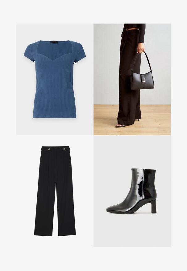 Ribbet blå kortærmet top med firkantet udskæring og tætsiddende design. Fremstillet af strækbart materiale med en subtil tekstur.; Sorte vide bukser med høj talje, knapdetaljer på taljebåndet og frontfald.; Sort lakeret ankelstøvle med spids tå og en midt-højde blokhæl. Glat tekstur og minimalistisk design.; Sort håndtaske med struktureret form, glat overflade og metalspænde. Sammen med brede sorte bukser og sandaler med åben tå på trægulv.