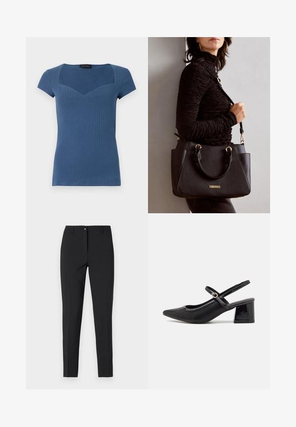 Ribota zila īsām piedurknēm blūze ar kvadrātveida kakla izgriezumu un pieguļošu dizainu. Izgatavota no elastīga materiāla, ar smalku tekstūru.; Melnas piegrieztas bikses no gludas auduma, ar klasisku jostasvietu, priekšējo rāvējslēdzēju un sānu kabatām eleganti izsmalcinātā dizainā.; Melns patentēts ādas sandales ar norādīta pirksta formu, noapaļotu izgriezuma dizainu un bloķētu papēdi. Iezīmēta ar zelta toņa sprādzi.; Melnā rokassoma ar teksturētu virsmu, diviem augšējiem rokturiem un regulējamu pleca siksnu. Iespējas ar zelta krāsas aparatūru un sānu kabatām.