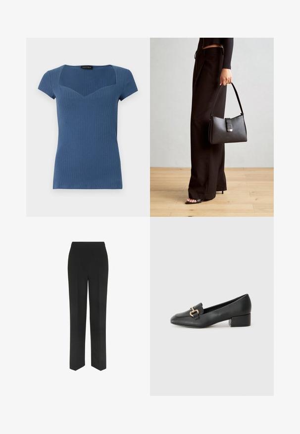 Plavi kratki rukav s rebrastim uzorkom, kvadratnim izrezom i uskim krojem. Izrađen od rastezljivog materijala, s blago teksturiranom površinom.; Crne hlače ravnog kroja, s jednostavnim pojasom i bez vidljivih džepova, prikazane na bijeloj pozadini.; Crne kožne mokasine s ravnim potplatom, s dekorativnim zlatnim detaljem sprijeda i glatkom teksturom.; Crna torba s oblikom koji sadrži strukturu, glađu teksturu i metalnu kopču. Uparena s širokim crnim hlačama i sandalama na otvorenom s drvenog poda.