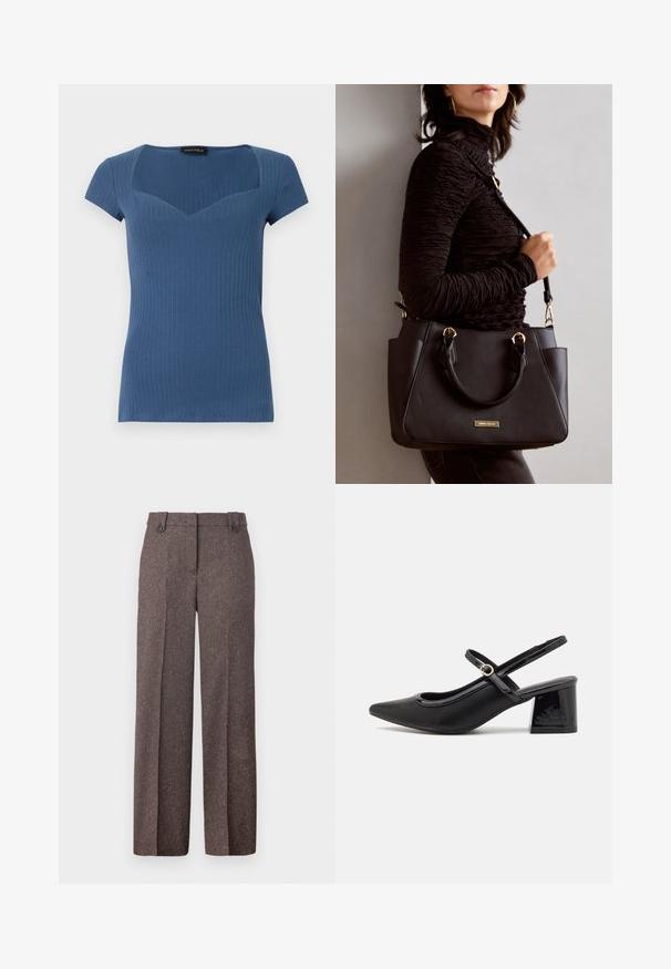 Gestreiftes blaues Kurzarmoberteil mit quadratischem Ausschnitt und figurbetontem Design. Hergestellt aus dehnbarem Material mit einer subtilen Textur.; Braune weite Hosen aus strukturiertem Stoff. Verfügt über zwei Vordertaschen und eine taillierte Passform mit zwei Knöpfen am Bund.; Schwarze Lackleder-Slingback-Absätze mit spitzer Zehenform, einem runden Ausschnitt-Design und einem Blockabsatz. Mit einem goldfarbenen Schnallenakzent.; Schwarze Handtasche mit strukturierten Oberflächen, doppelten Obergriffen und verstellbarem Schultergurt. Mit goldfarbener Hardware und Seitentaschen.