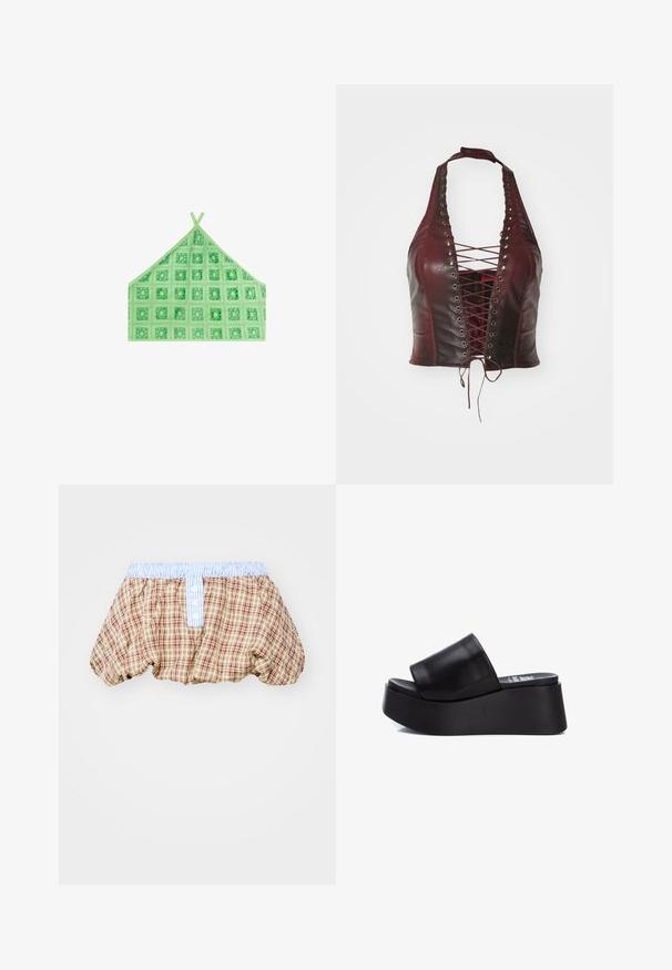 Grüner dreieckiger Bralette aus gemustertem Stoff mit quadratischen Motiven, ausgestattet mit dünnen Trägern und strukturierten Akzenten.; Burgunderfarbene Leder-Haltertop mit Frontschnürung, ausgestattet mit Metallösen, einer taillierten Silhouette und glatter Textur, die ein strukturiertes Design bietet.; Kariert gepuffte Shorts in Braun, Beige und Rot mit einem hellblau gestreiften Taillenbund und Knopfdetails an der Vorderseite.; Schwarze Plattform-Sandalen aus Leder mit glattem Obermaterial, breitem Riemen und dickem Gummisohle, die ein mattes Finish und eine konturierte Form aufweisen.