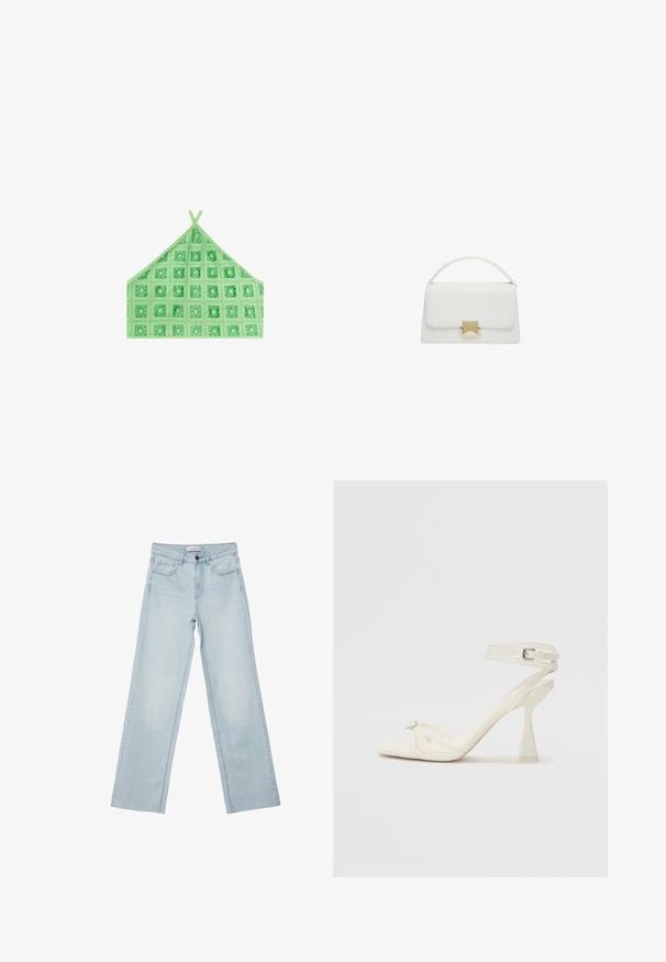Groene driehoekige bralette van gestreept stof met vierkante motieven, voorzien van dunne banden en textuuraccenten.; Lichtblauwe wijde jeans van denim. Bevat vijf zakken, een knoopsluiting en vervaagde details. Klassieke rechte snit met een losse pasvorm.; Strappy hoge hak sandaal in wit leer met een slank ontwerp, een transparante blokhak en een decoratief element bij de teen.; Witte leren handtas met een gestructureerd ontwerp, voorzien van een bovenhandgreep en een goudkleurige sluiting. Gladde textuur en minimalistische accenten.