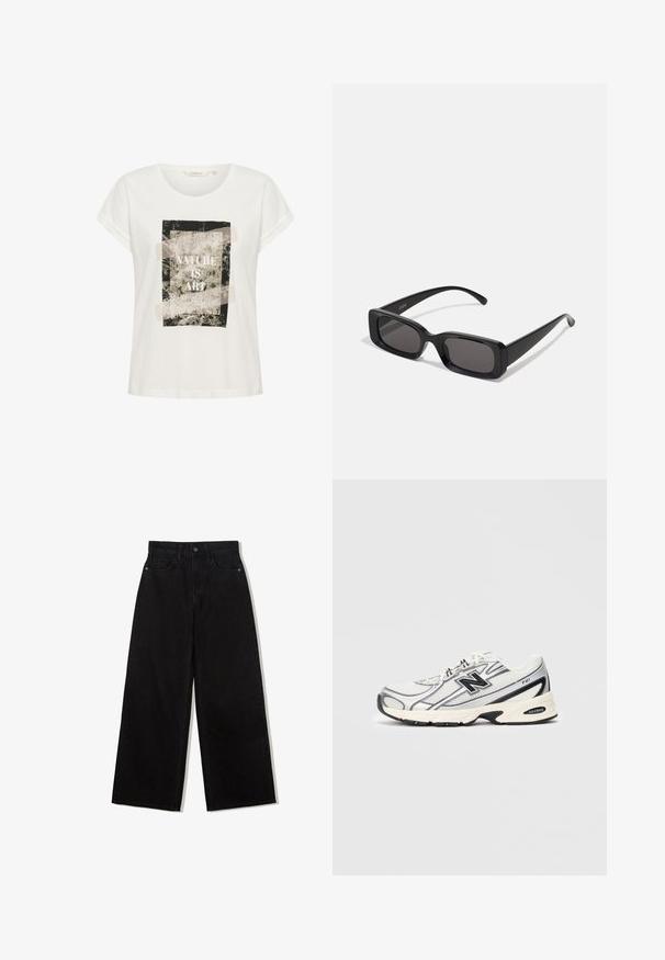 Vit t-shirt i bomull med korta ärmar och rund hals, med ett grafiskt tryck av lövverk och texten "NATURE IS ART" i svart.; Svarta vida jeans av denim med hög midja, med en femficksdesign och en enkel knappstängning framtill.; Vit och grå atletisk sneaker med svart "N"-logotyp, mesh-övre, dämpad sula och snörningsdesign, visad på en enfärgad ljusgrå bakgrund.; Svarta rektangulära solglasögon med mörka linser, glänsande yta, breda skalmar och en gedigen ramdesign. Graverat märke på ena skalmen.