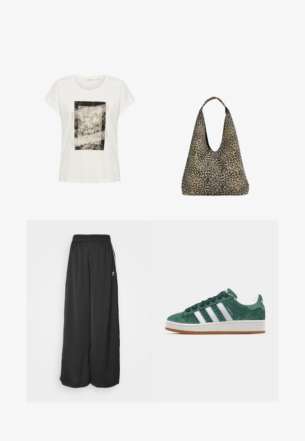 Tricou alb din bumbac, cu mâneci scurte și guler rotund, având un imprimeu grafic cu frunze și textul "NATURA ESTE ARTĂ" în negru.; Pantaloni de trening negri, cu croială lejeră, dintr-un material neted. Dispun de o talie elastică și dungi laterale cu accente ale logo-ului.; Tenis verde din suede cu dungi albe din piele, talpă din cauciuc, guler căptușit și design minimalistic. Prezintă branding pe lateral.; PULL&BEAR Geantă de pânză - mottled dark brown