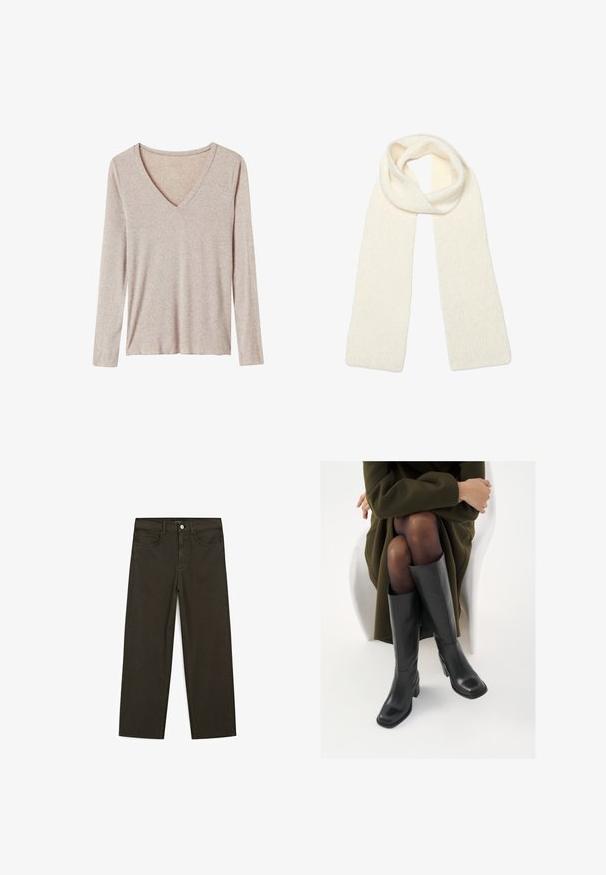 Langarm-V-Ausschnitt-Oberteil in Hellbeige. Hergestellt aus weichem, strukturiertem Stoff mit lockerer Passform und minimalen Nähten.; Dunkelgrüne Jeans im weit geschnittenen Style, hergestellt aus einem Baumwollgemisch. Sie verfügen über einen Frontknopfverschluss, fünf Taschen und klassische Denim-Nähte.; Knöchelhöhe schwarze Lederstiefel mit quadrater Spitze und Blockabsatz, gezeigt mit einem Modell, das einen olivgrünen Mantel trägt. Glatte Textur, minimale Details.; Weiche, gestrickte cremeweiße Schal, locker oben gefaltet, mit beiden Enden, die gerade nach unten hängen.; Braune Wildleder-Schultertasche mit offenem Oberteil. Sie verfügt über einen tiefen, breiten Körper, einen ausgeschnittenen Griff und minimale Nähte für ein sauberes Design.