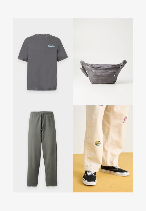 Grå kortærmet t-shirt lavet af bomuld. Har et lyseblåt "Paradise" logo trykt på venstre bryst. Klassisk rund halsudskæring.; Grå sweatpants lavet af blødt stof med elastisk talje og snørelukning; har en lige benudskæring og minimal sømdetaljer.; Beige bomuldsbukser med legende broderede designs, herunder en lyserød karakter og farvede blokke, parret med sorte snørebåndssneakers.; Grå suedefanny pack med en rund form, to lynlåslommer og justerbart strop. Har metalhardware detaljer.