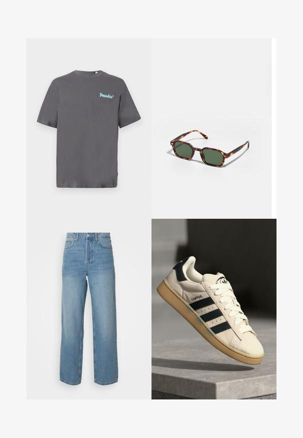 Grå kortärmad t-shirt i bomull. Har en ljusblå "Paradise"-logotyp tryckt på vänster bröst. Klassisk rundad halsringning.; Höga ljusblå denimjeans med raka ben, knappstängning fram och femficksdesign på enfärgad bakgrund.; Beige mockaskor med tre mörkblå ränder, vita skosnören och en tan-färgad gummisula. Har en logotyp på tungan och texten "CAMPUS".; Sköldpaddsbeslag av solglasögon med gröna linser, vinklade i en oktagonal form och med smala, böjda skalmar. Materialet har en glansig yta.