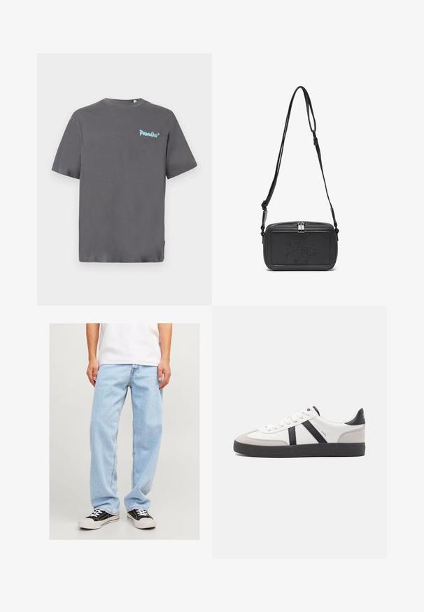 Pilkas trumpas rankovėmis marškinėliai pagaminti iš medvilnės. Kairėje krūtinės pusėje yra šviesiai mėlynas "Paradise" logotipas. Klasikinis apvalus iškirpimas.; Šviesiai mėlynos denim kelnės su laisvu siluetu, su tiesių kojų dizainu ir standartinėmis siūlėmis, derinamos su juodais sportiniais bateliais.; Balti sportbačiai su juodais ir pilkais akcentais, pasižymintys tekstūruotu pilku pirštų dangteliu, juoda gumine padais ir plokščiomis baltomis raišteliais. Švarus dizainas, minimalistinis stilius.; Juodas odinis per petį nešiojamas krepšys su užtrauktuku, iškilniu logotipu priekyje ir reguliuojama dirželiu. Lygus paviršius, stačiakampio formos.