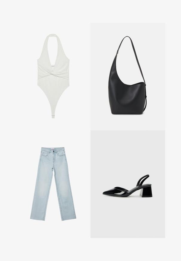 Weißes Halterneck-Bodysuit mit tiefem V-Ausschnitt und verdrehtem Frontdesign. Hergestellt aus einem glatten, dehnbaren Stoff, hat es einen String-Schnitt.; Hellblaue weit geschnittene Jeans aus Denim. Verfügt über fünf Taschen, einen Knopfverschluss und ausgeblichene Details. Klassischer gerader Schnitt mit lockerer Passform.; Schwarze Lackleder-Slingback-High Heels mit spitzem Schuh und einem geometrischen Blockabsatz. Verfügt über ein schlankes, minimalistisches Design und eine glatte Textur.; Schwarze Leder-Hobo-Tasche mit einer glatten Textur, geschwungener Form und einem einzelnen verstellbaren Tragegurt; verfügt über eine weite Öffnung am oberen Ende.