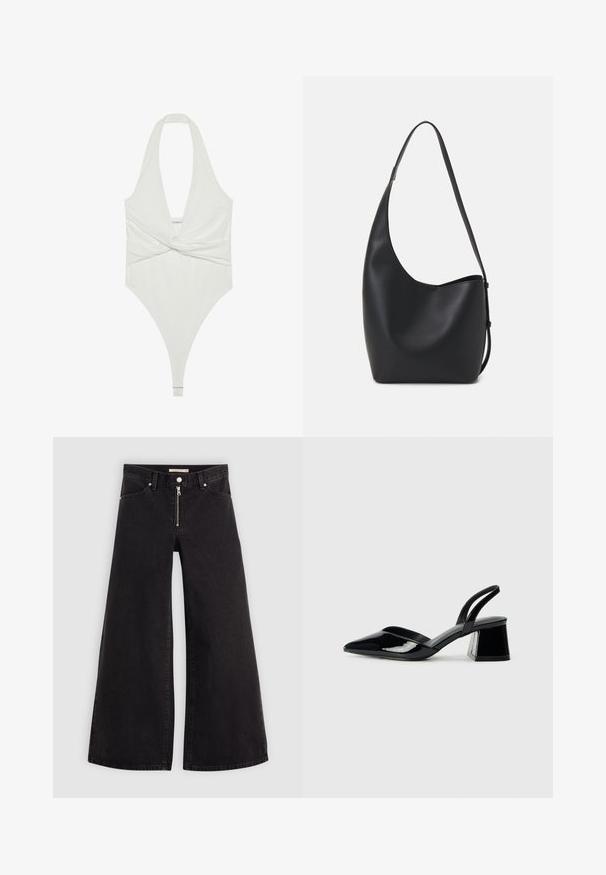 Hvit halterneck bodysuit med dyp V-hals og vridd frontdesign. Laget av et glatt, elastisk stoff, har thong-kutt.; Vide benbukser i sort denim med glidelås i front, fem-lomme design og subtile sømdetaljer. Glatt tekstur og avslappet stil.; Svarte patentlær slingback hæler med spiss tå og geometrisk blokk hæl. Har et stilrent, minimalistisk design og jevn tekstur.; Svart lær hobo-veske med glatt tekstur, buet form og enkelt justerbart stropp; har en bred åpning på toppen.