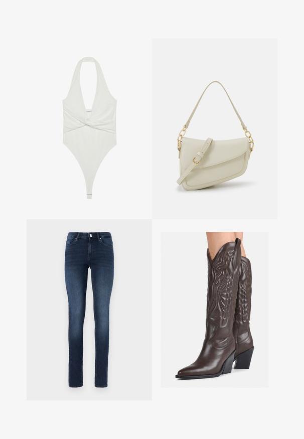 Biely bodysuit s halter výstrihom a hlbokým V-výstrihom s twistom vpredu. Vyrobený z hladkého, elastického materiálu, s úzkym strihom.; Tmavo modré úzke džínsové nohavice s klasickým päť vreckovým dizajnom, s gombíkovým zapínaním a jemným vyblednutím na stehnách.; Hnedé kožené kovbojské topánky s špicatou špičkou a blokovým podrážkou, so zložitým prešívaním a vyvýšenými akcentmi na puzdre.; Malá krémová kabelka s textúrovaným povrchom, dlhým nastaviteľným popruhom, reťazovým detailom a klopovým uzáverom. Zlaté kovové prvky.; Strieborné kruhové náušnice s prúteným dizajnom, s lešteným povrchom a zapínaním na kolíček. Majú priemer približne 3 cm.