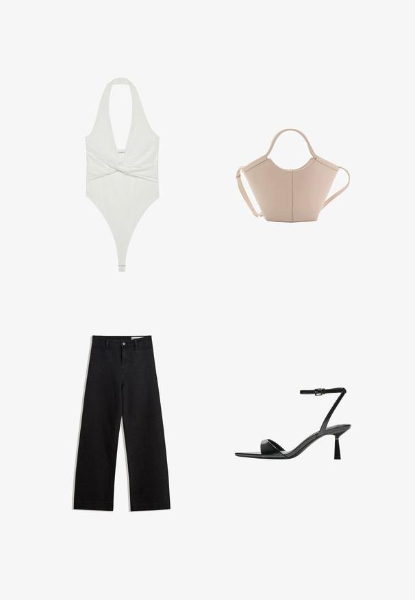 Witte halternekbodysuit met een diepe V-hals en een gedraaide voorkant. Gemaakt van een zachte, elastische stof en heeft een stringmodel.; Zwarte denim broek met wijde pijpen en een hoge taille, voorzien van voor- en achterzakken, gestikte naden en een knoopsluiting. Gladde textuur.; Bershka Sandalen met hoge hak - black; Beige leren handtas met een unieke vorm, voorzien van twee korte handvatten en een lange verstelbare schouderriem. Glad oppervlak met minimale hardware.