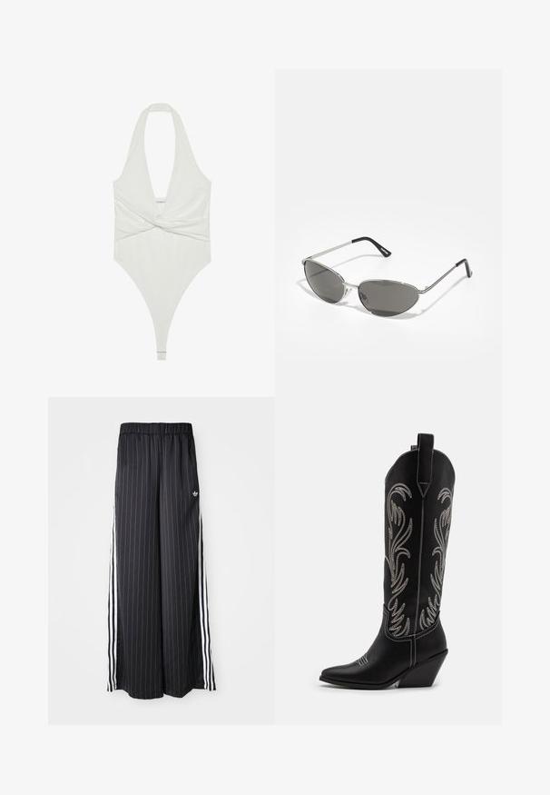 Biała bodystocking na ramiączkach z głębokim dekoltem w kształcie litery V i skręconym przodem. Wykonana z gładkiego, elastycznego materiału, ma krój stringów.; Czarne spodnie o szerokich nogawkach z pionowymi białymi paskami, elastycznym pasem i trzema białymi paskami po bokach. Logo Adidas z przodu.; Czarne skórzane kowbojskie buty z wydłużonymi noskami, obcasem typu koturn oraz srebrnymi haftowanymi wzorami kwiatowymi wzdłuż cholewy. Kontrastowe szwy na całej długości.; Okulary przeciwsłoneczne z elegancką, srebrną metalową ramą, szarymi soczewkami i aerodynamicznym kształtem z wyraźnymi krawędziami oraz cienkimi zausznikami.; Srebrna metaliczna torba worek o miękkim, zaokrąglonym kształcie i zawiązywanym z góry zapięciem. Wykonana z gładkiego materiału imitującego skórę.; Srebrne kolczyki z dwoma kroplami oraz dwoma zaokrąglonymi kształtami, wszystkie z polerowaną, refleksyjną powierzchnią i gładką teksturą.