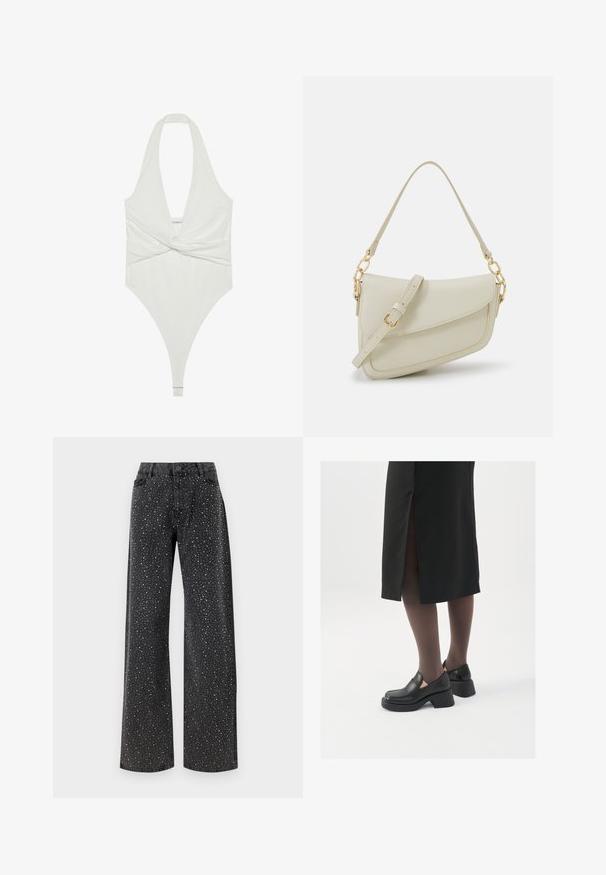 Witte halternekbodysuit met een diepe V-hals en een gedraaide voorkant. Gemaakt van een zachte, elastische stof en heeft een stringmodel.; Noisy May NMJANNEL LOOSE - Relaxed fit jeans - black denim; Zwarte leren schoenen met een ronde neus, dikke blokhak en elastische zijkanten, gecombineerd met donkere panty's en een zwarte rok met een split.; Kleine crèmekleurige handtas met een textuurafwerking, een lange verstelbare schouderband, een kettingaccent en een klepsluiting. Gouden hardware-details.; Zilveren hoepel oorbellen met een minimalistisch ontwerp. Cirkelvormig, gladde textuur en dun profiel. Lichtgewicht met een gepolijste afwerking.
