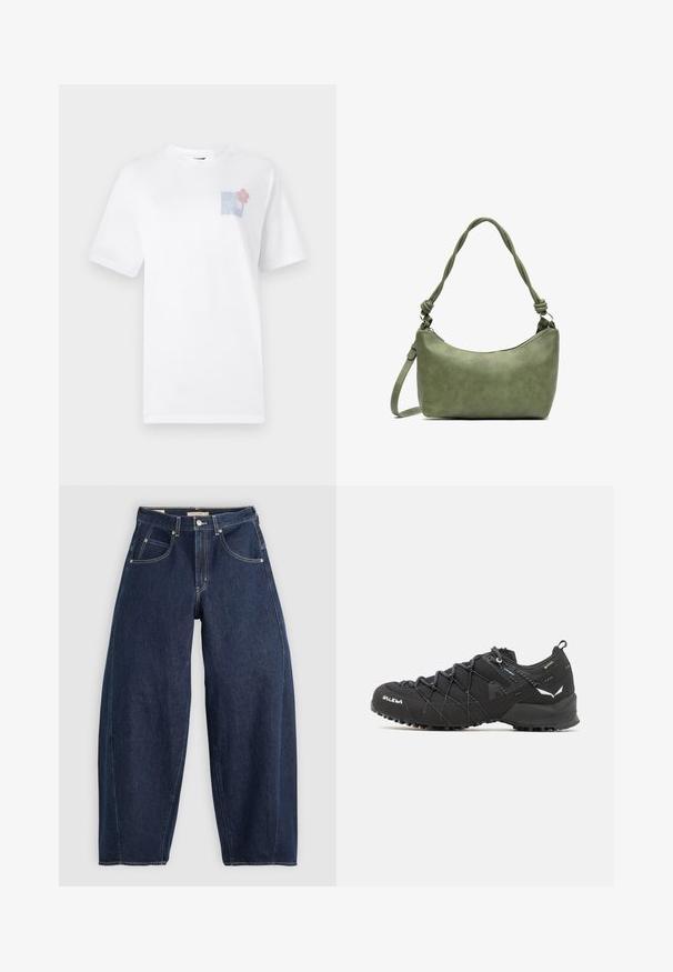 White cotton t-shirt with short sleeves, featuring a light blue pocket design and pink flower graphic on the upper left side.; Dark blue denim jeans with a loose fit, light stitching, five pockets, and a button closure at the waistband.; Black hiking shoes with a textured fabric upper, lacing system, and rugged rubber sole. Accented with reflective details and logos.; Green leather handbag with a smooth texture, curved shape, and braided handle. Features a zip closure and an adjustable strap.