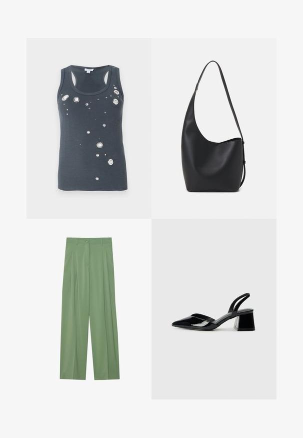 Tumehall tank top ümarate kaelustega, millel on juhuslikult jaotatud metallilised ringikujulised ja ruudukujulised kaunistused. Pehme, keha ligi olev materjal.; Roheline lai säärega püksid, mis on valmistatud siledast kangast. Esiosas on voldid, üksnuppude sulgemine ja vööpingutite aasad.; Mustad musta lakknahk kingad, millel on terav varvas ja geomeetriline plokkkonts. Omab elegantselt minimalistlikku disaini ja sujuvat tekstuuri.; Mustast nahast hobo kott, millel on sile tekstuur, kumer kuju ja üks reguleeritav rihm; peal on lai avaus.