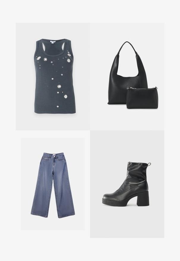 Tmavě šedý tílko s kulatým výstřihem, zdobené rozptýlenými kovovými kruhovými a čtvercovými ozdobami. Měkká, přiléhavá látka.; Džínové kalhoty s širokými nohavicemi v světle modrém odstínu, s vysokým pasem, předními kapsami a zapínáním na knoflík s poutky na pásek.; Černé kotníkové boty vyrobené z hladké kůže, s bočním zipem, robustním strukturovaným podpatkem a kulatou špičkou.; Even&Odd Kabelka - black