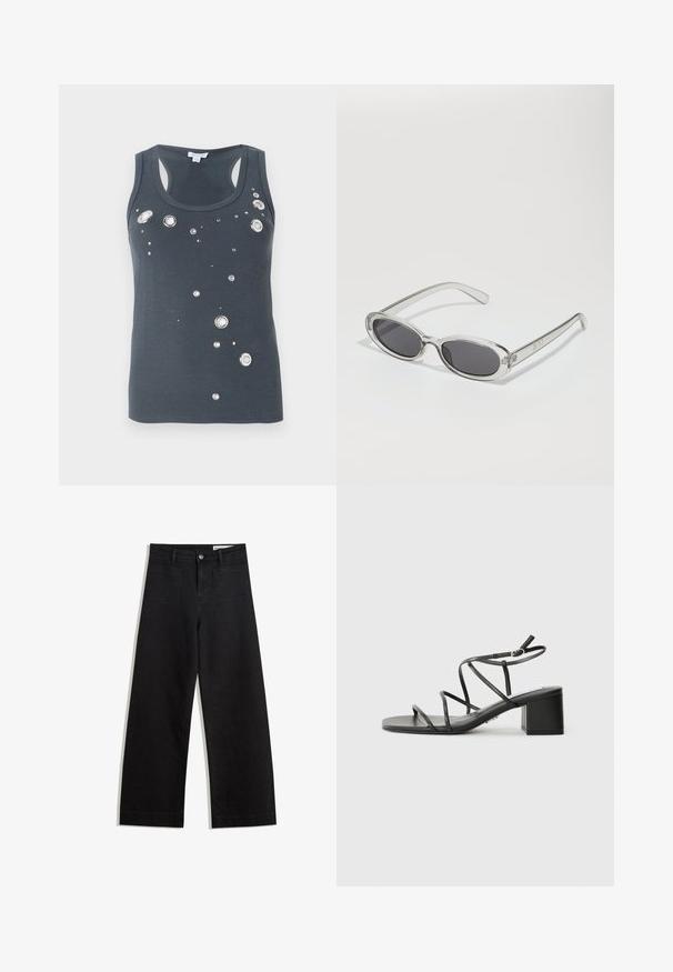 Sötét szürke ujjatlan felső, kerek kivágással, szórtan elhelyezett fémes kör- és négyzetdíszítésekkel. Puha, testhezálló anyag.; Fekete, bő szabású farmernadrág magas derékkal, elülső és hátsó zsebekkel, varrott felületekkel és gombos záródással. Sima textúra.; Fekete pántos szandál négyzetes orral és vastag sarokkal, sima anyagból készült. Állítható bokapántokkal és minimális fém részletekkel rendelkezik.; Ovális formájú napszemüveg, átlátszó műanyag keret, sötétszürke lencsék és vékony, átlátszó szárak, logóakkcentussal és minimális díszítéssel.; Barna bőr keresztbody táska ívelt formával, aranyszínű fémrészekkel és csat díszítéssel. Levehető vállpánttal rendelkezik.