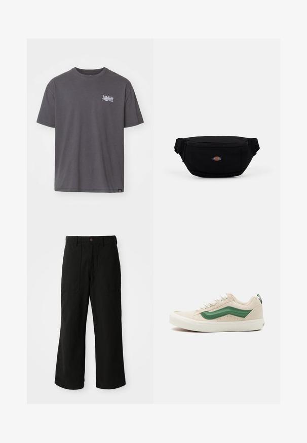 Camiseta de algodón gris con mangas cortas, cuello redondo y una pequeña impresión gráfica blanca en el pecho. Presenta un dobladillo recto y un corte relajado.; Pantalones de pierna ancha en color negro, fabricados en un tejido suave, con bolsillos frontales y cierre de botón en la cintura. Diseño minimalista sin patrones visibles.; Zapatilla de ante beige con acentos de cuero verde, punta redondeada, cordones blancos y detalles texturizados en los laterales. Suela de goma visible.; Riñonera de tela negra con cierre de cremallera, que presenta un pequeño logo de marca en la parte frontal. Diseño compacto y redondeado con correas ajustables.