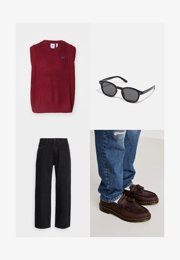 adidas Originals Top - shadow red; Black denim wide-leg pants with a high waist, featuring five pockets and a button closure. Fabric has a smooth texture and slight stretch.; Brown leather loafers with tasseled accents, featuring a stitched design and a yellow rubber sole. Paired with faded blue jeans.; Black oval sunglasses with dark lenses, thick frames, and silver dot accents on the sides. Smooth plastic material, contemporary design.