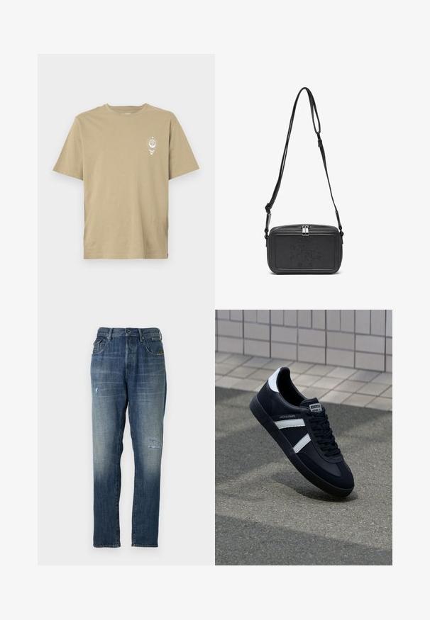 Beige lühikeste varrukatega t-särk, mis on valmistatud pehmest puuvillast, väikese valge graafilise kujundusega vasakul rinnakorvil. Üksildane selg.; Denim teksad, millel on pleekinud sinine värv, sirge jalgade disain, mõõdukas kulumine ees ja klassikaline viie-tasku stiil.; Must have musta sneaker musta valgete triipudega, tekstuurne kummitald ja nööridega esiosa. Omab bränditud märki keele peal.; Musternast mustriga nahast ristiõlgadega kott, millel on tõmbluku sulgemine, esiküljel on sissepressitud logo ja reguleeritav rihm. Sile tekstuur ja ristkülikukujuline kuju.