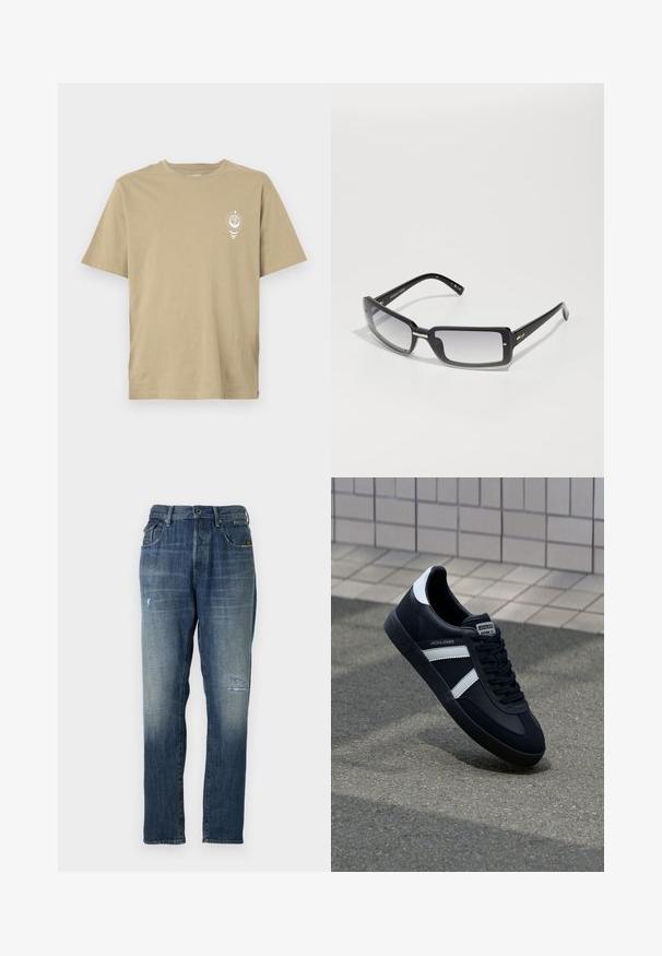Bežs īsām piedurknēm T-krekls, izgatavots no maiga kokvilnas, ar mazu balto grafisko dizainu kreisajā krūšu daļā. Vienkārša aizmugure.; Džinsi no denima ar izbalinātu zilu krāsu, taisnas kājas dizainu, mērenu nolietojumu priekšpusē un klasisku piecu kabatu stilu.; Melnā ādas sporta apavi ar baltām svītrām, teksturēta gumijas zole un auklu aizdare. Iekļauj zīmola etiķeti uz mēles.; Melnas taisnstūra formas saulesbrilles ar gradienta lēcām, ar masīvu rāmīti un metāla akcentiem uz stariem. Gluda virsma visā.