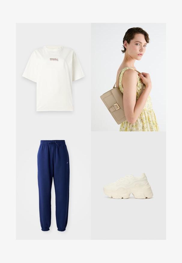 Fehér, rövid ujjú, kerek nyakú póló, a középső elején egy kis piros és barna logós felirattal. Pamut anyagból készült.; Navy kék sportnadrág puha anyagból, elasztikus derékpánttal és zsinórral, elasztikus mandzsettákkal és egy kis fehér logóval.; Tömbös fehér sneakers, amely texturált hálóból és szintetikus anyagokból készült, vastag talppal és bonyolult mintázattal az oldalakon.; Beige bőrtáska strukturált dizájnnal, arany csattal és állítható pánttal, világos háttér előtt bemutatva.