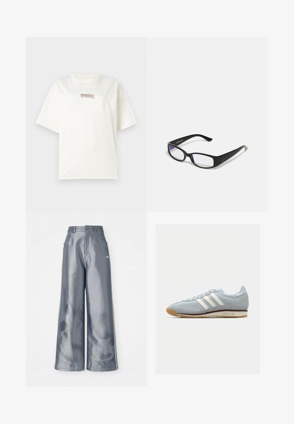 Hvid crew neck t-shirt med korte ærmer, med en lille rød og brun logo tekst i midten foran. Lavet af bomuldsmateriale.; Bredde benbukser i skinnende grå materiale med hvide sidelookstriber og et flammemønster på underbenene. Knap- og lynlåslukning i taljen.; Lyseblå ruskinds sneaker med hvide tre striber, gummisål og tekstureret mesh. Har en glat tåhætte og branding på hælen.; Sorte rektangulære briller med klare linser. Blank finish, smalle stænger, og lilla nuance synlig i kanterne af linsen.