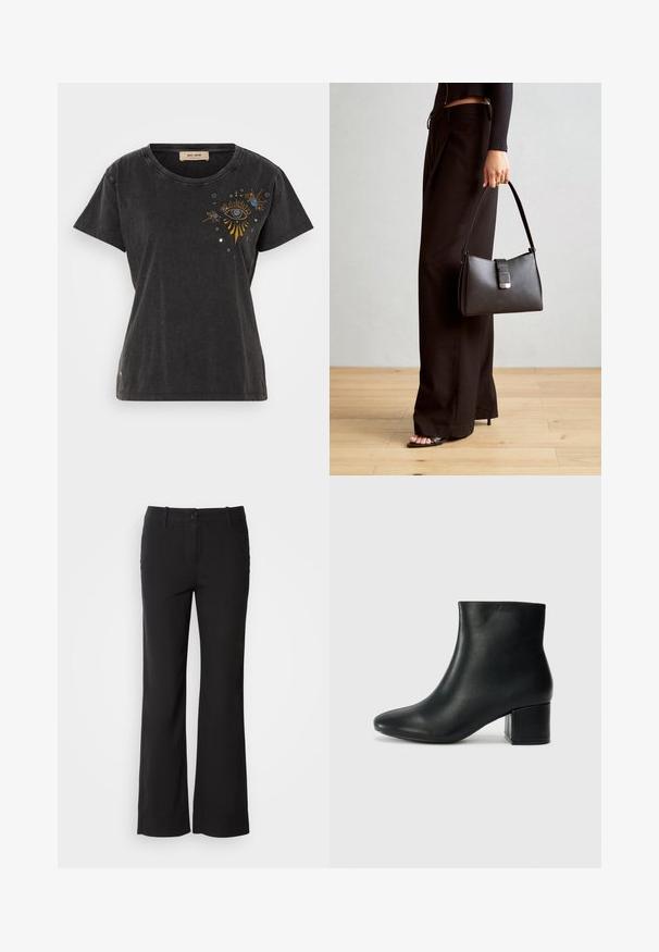Sort bomulds t-shirt med korte ærmer, rund hals og broderet øje-design med guld- og blå accenter på forsiden.; Sorte bomuldsblandede bukser med lige ben-design, frontknaplukning og to sidelommer. Glat tekstur, ingen synlige mønstre.; Sorte læder ankelstøvler med spids tå og en kraftig hæl. Glat tekstur med minimale detaljer og et slankt, tætsiddende design.; Sort håndtaske med struktureret form, glat overflade og metalspænde. Sammen med brede sorte bukser og sandaler med åben tå på trægulv.
