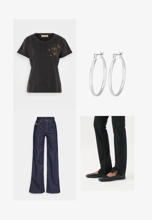 Zwarte katoenen t-shirt met korte mouwen, een ronde hals en een geborduurd oogontwerp met gouden en blauwe accenten aan de voorkant.; Donkerblauwe wijde jeans van denimstof met een hoge taille, voorzien van oranje stiksels, een vijf-pocket ontwerp en een knoopsluiting.; Zwarte leren balletschoenen met een puntige neus, bandje met een zilveren gesp, gecombineerd met zwarte nauwsluitende broek met een zijsplit.; Zilveren oorbellen in de vorm van een gladde, gepolijste ring. Ronde vorm met een veilige kliksluiting. Lichtgewicht ontwerp, geschikt voor dagelijks gebruik.