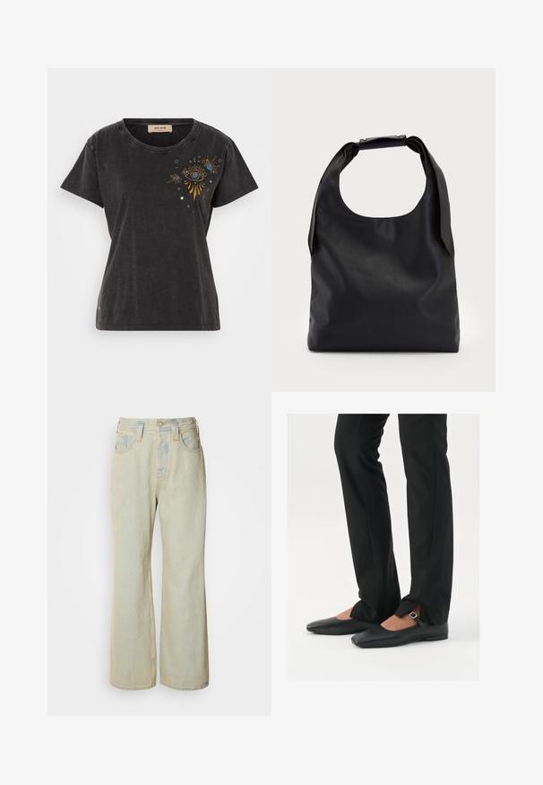 Sort bomulds t-shirt med korte ærmer, rund hals og broderet øje-design med guld- og blå accenter på forsiden.; Lysblå, brede bukser i denim med høj talje, fem lommer og diskret falmning med kontraststikninger.; Sorte læder balletflade sko med spids tå, rem med sølvspænde, parret med sorte skræddersyede bukser med slids i bunden.; Sort læderhåndtaske med en stor åben top og en enkelt skulderrem. Blød tekstur, minimalistisk design, indeholder diskrete metalaccenter.; Sølvmetal øreringe med et bølgende, skulpturelt design, der har en poleret overflade og uregelmæssige former, hvilket fremhæver en moderne æstetik.