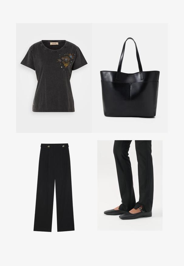 Black cotton t-shirt featuring short sleeves, a round neck, and embroidered eye design with gold and blue accents on the front.; Black wide-leg trousers with high waist, button details on waistband, and front pleats.; Black leather ballet flats with a pointed toe, strap with silver buckle, paired with black tailored pants featuring a slit hem.; Black leather tote bag with two long handles, a smooth texture, and a structured shape. Features a front pocket for additional storage.