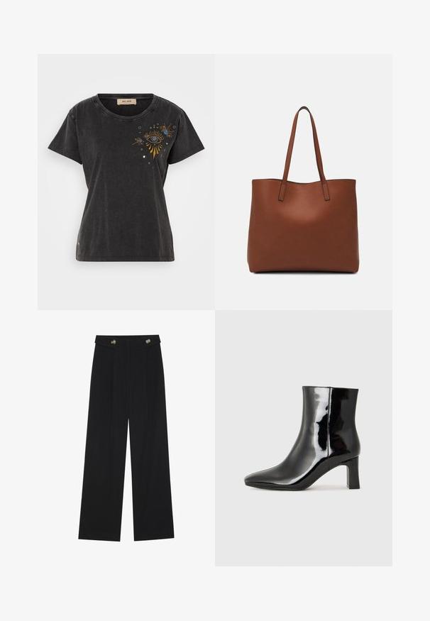 Tricou din bumbac negru, cu mâneci scurte, guler rotund și design brodat cu ochi, având accente aurii și albastre pe față.; Pantaloni negri cu picioare largi, talie înaltă, detalii cu butoane pe talie și pliseuri în față.; Botine negre din piele lacuită, cu vârful ascuțit și toc bloc de înălțime medie. Textură netedă și design minimalist.; Geantă de umăr din piele maro cu o textură netedă, design cu vârf deschis și două curele pentru umăr. Prezintă cusături minime și fără componente metalice vizibile.