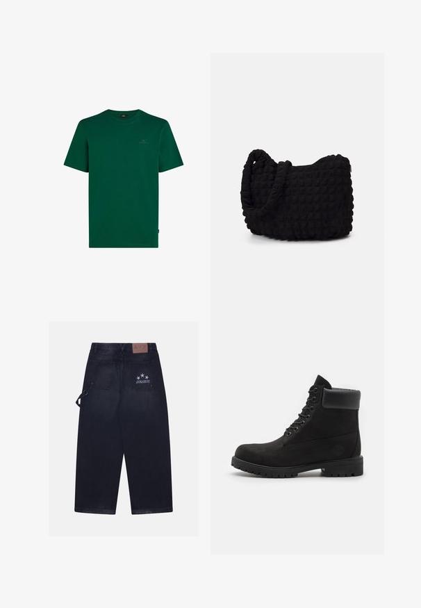 Grünes Baumwoll-T-Shirt mit kurzen Ärmeln. Verfügt über einen Rundhalsausschnitt und ein kleines Logo auf der Brust. Glatte Textur, lässiges Design.; Dunkelblaue Jeanshose mit lockerer Passform. Verfügt über zwei Gesäßtaschen, ein Lederpatch mit Logo und ein Fünf-Sterne-Design auf einer Tasche.; Schwarze geschnürte Knöchelboots mit gepolstertem Kragen und robustem Profil, im Profil vor einem weißen Hintergrund dargestellt.; Schwarze Stofftasche mit einer strukturierten, gesteppten Oberfläche. Abgerundete Form, kurze, dicke Griffe und eine weiche, flexible Struktur.