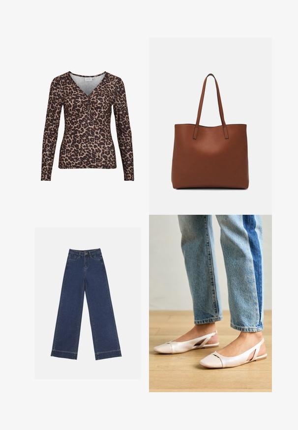 Lange mouw top met luipaardprint en V-hals, voorzien van een gathered detail in het midden en gemaakt van een zachte, rekbare stof.; Wide-leg jeans in donkerblauwe denim. Voorzien van vijf zakken, riemlussen en een rauwe zoom onderaan met zichtbare stikseldetails.; Zachtroze slingback ballerina's met een spitse neus, gemaakt van een glad leerachtig materiaal. Bevat uitsnijdingen aan de zijkanten en heeft een platte hak.; Bruine leren tote bag met een gladde textuur, een ontwerp met een open bovenkant en twee schouderbanden. Kenmerkt zich door minimale stiksels en geen zichtbare hardware.