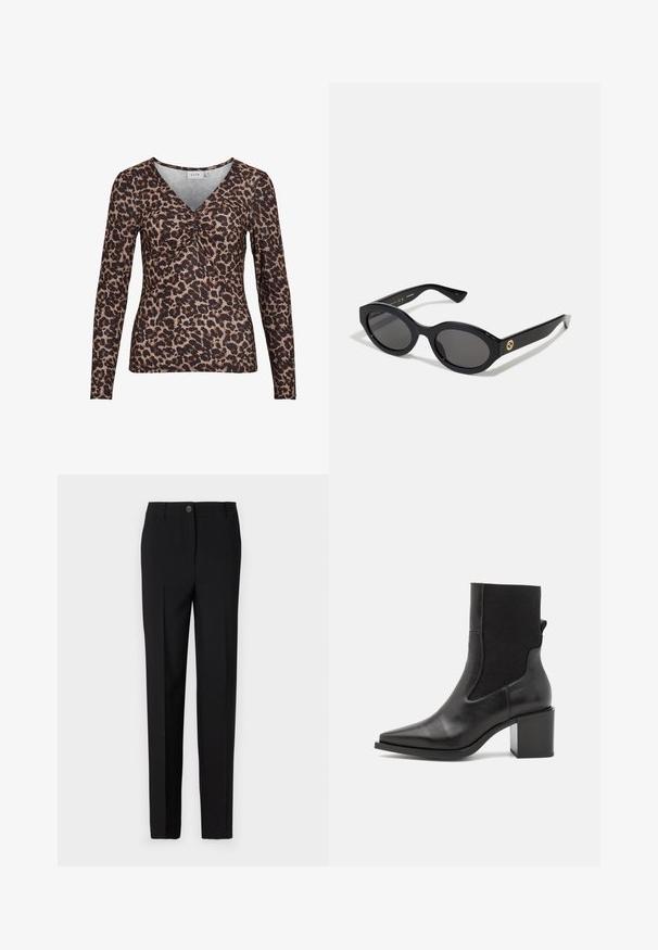 Langermet topp med leopardmønster og V-hals, med samlet detalj i midten og laget av et mykt, elastisk stoff.; Sorte skreddersydde bukser med rett bendesign, med knappelukking og beltehemper, laget av glatt stoff.; Svart ankelstøvel med spiss tå, laget av glatt lær og elastisk stoff. Har blokkhelt og minimalistisk design.; Sorte ovale solbriller med mørke linser og blank plastramme. Har gulllogo på stengene, og tilbyr et elegant og moderne design.; Blåmønstret håndveske laget av stoff, med buet form, svart lærreim og logodesign i en lysere nyanse.