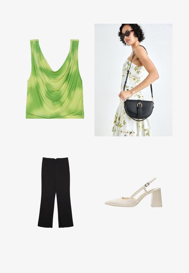 Grøn draperet tanktop med en buet halsudskæring. Har et gradientmønster fra lys til mørk grøn. Lavet af glat, let stof.; Sorte bukser med lige pasform, der har frontlommer og slidser i kanten. Lavet af blødt, glat stof. Velegnet til forskellige anledninger.; Beige slingback sko med spids tå, glat lakeret overflade, mid-block hæl og justerbar rem. Minimalistisk design med åbne sider.; Sort læderhåndtaske med en buet form, aftagelig rem og guldfinish. Tasken har en klap med en spænde detalje.