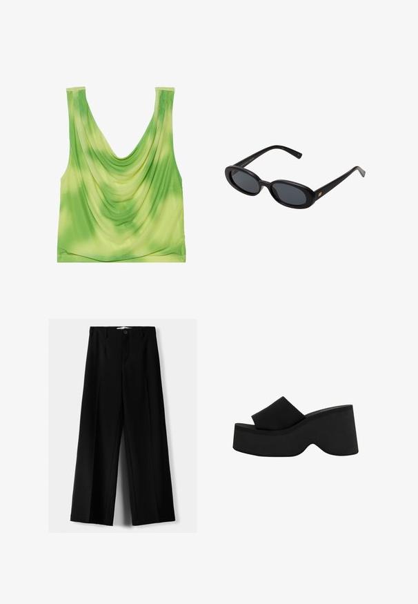 Groen gedrapeerd tanktop met een gebogen halslijn. Heeft een verlooppatroon van licht naar donker groen. Gemaakt van zachte, lichte stof.; Zwarte wijde broek van lichtgewicht stof, met een knoopsluiting aan de voorkant en een vlakke achterkant, afgewerkt met keurig gestikte zoom.; Zwarte platform slipper met een dikke, afgeronde zool en brede band. Soepele textuur, minimalistisch ontwerp en gevormde schaduw voor stabiliteit.; Zwarte oversized zonnebril met ovale lenzen, een glad plastic montuur en gouden accenten op de pootjes. Donkere lenzen bieden bescherming tegen de zon.