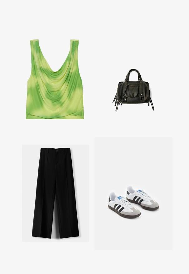 Grön draperad linne med en rundad halsringning. Har ett gradientmönster från ljus till mörkgrön. Tillverkat av ett mjukt, lätt tyg.; Svarta vida byxor i lätt material, med knappstängning fram och platt front, samt väl sydda fållar.; Sportskor med överdel i vit läder, grå mocka på tårna och tre svarta ränder. Har en blå logotyp på tungan och en texturerad gummisula.; Svart läderhandväska med flätade handtag, dragkedjefack och hängande pom poms. Texturerad yta med metallnitar och hårdvaruaccenter.
