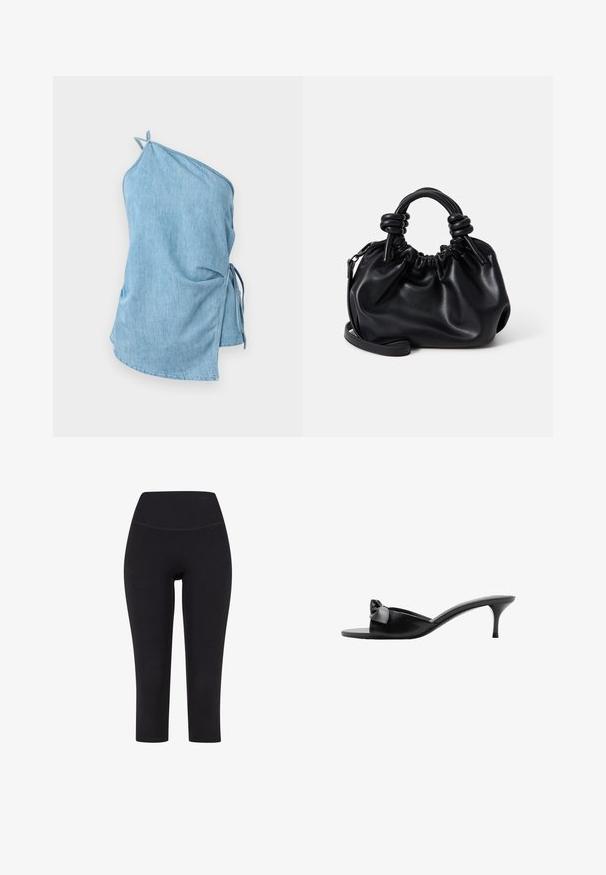 Hellblaue Jeansbluse mit asymmetrischem Design. Verfügt über eine geraffte Seite mit Bändern und einen einzelnen Träger für einen sicheren Sitz.; Schwarze 3/4-Leggings aus dehnbarem Material mit hohem Taillenbund und ohne sichtbare Muster oder Hardware.; Schwarze Leder-Pantoletten ohne Ferse mit einer Schleifenakzentuierung, offener Zehenpartie und einem schlanken, hohen Absatz. Glatte Textur und minimalistisches Design.; Schwarze Handtasche aus Leder mit einem gerafften Design, kurzen, abgerundeten Griffen und einem abnehmbaren Schultergurt. Glatte Textur mit einer weichen Silhouette.