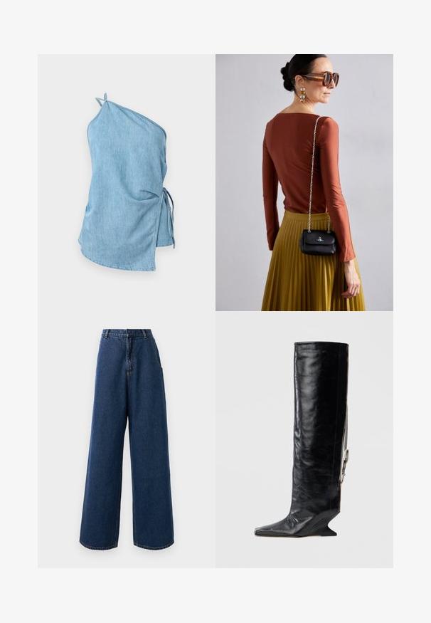 Hellblaue Jeansbluse mit asymmetrischem Design. Verfügt über eine geraffte Seite mit Bändern und einen einzelnen Träger für einen sicheren Sitz.; Hoch taillierte, weit geschnittene Jeans in dunkelblauer Denim-Optik mit vorderem Knopf- und Reißverschluss, Gürtelschlaufen und Seitentaschen.; Schwarz kniehoher Lederstiefel mit spitz zulaufender Zehenpartie, einzigartigem Keilabsatz und seitlichem Kettenakzent. Glatte Textur mit glänzendem Finish.; Vivienne Westwood SMALL PURSE CHAIN - Umhängetasche - black