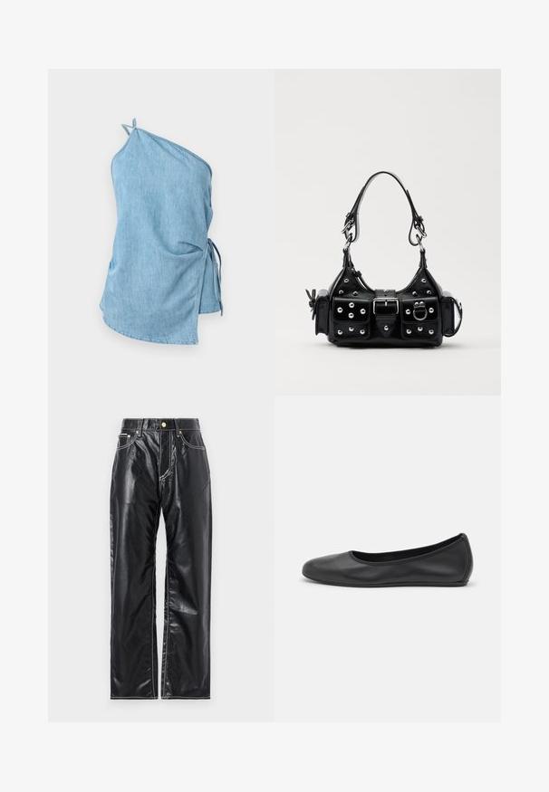 Denim top in light blue with an asymmetric design. Features a gathered side with ties and a single shoulder strap for secure fit.; Black faux leather pants with a wide-leg cut, featuring white stitching, front pockets, and a gold button at the waistband.; Black leather ballet flat with a rounded toe, smooth texture, minimal stitching detail, and a flexible sole design.; Black leather handbag with a curved design, featuring silver studs, a buckle, and two side pockets. Adjustable strap for carrying options.