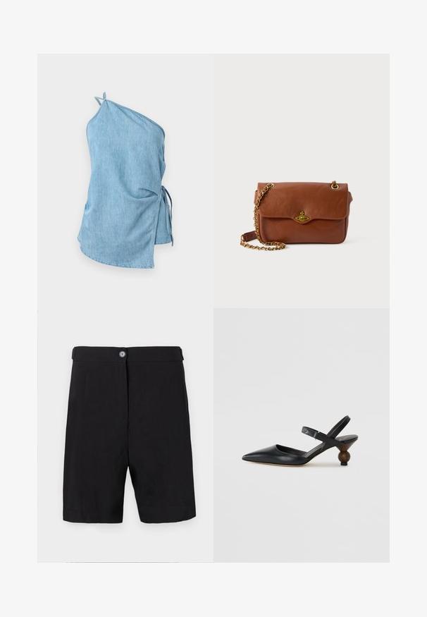 Hele sinine denimsärgid, millel on asümmeetriline disain. Küljel on kogutud osa, millel on sidumisnöörid, ja ühe õlavarre riiul, et tagada kindel sobivus.; Kergedest kootud mustad lühikesed püksid, kohandatud disain nupuga esiküljel, lame vöökoht ja sirged jalad.; Must musta slingback kingad terava varba, kõverdisainiga ja ümar puidust sarnane konts. Omab kitsast pahkluu rihma.; Pruunist nahast risti keha kott klapiga kinnitusega, kuldsetest detailidest ja ahelaga rihmast. Sile tekstuur, ristkülikukujuline kuju, minimaalsete detailidega.