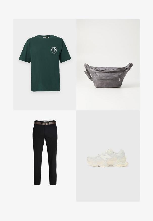 Grünes Baumwoll-T-Shirt mit kurzen Ärmeln, Rundhalsausschnitt und einem weißen "Cortado Coffee"-Logo mit einer Kaffeetasse-Grafik auf der Brust.; Schwarze Baumwollhose mit geradem Schnitt, ausgestattet mit einem braunen Ledergürtel und einer glatten Textur. Einfaches Design, keine sichtbaren Muster oder Akzente.; Leichte Sneaker mit einem Obermaterial aus Mesh und Wildleder in sanften Cremetönen, einer dicken Sohle und dreidimensionalen Akzenten.; Graue Wildleder-Gürteltasche mit runder Form, zwei mit Reißverschluss verschlossenen Fächern und verstellbarem Trageriemen. Mit metallischen Hardware-Akzenten.