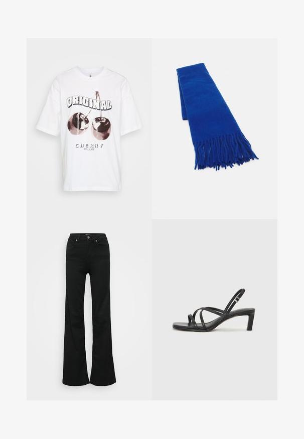 Camiseta blanca de algodón con un gráfico de dos cerezas y el texto "ORIGINAL CHERRY CLUB" debajo. Manga corta y corte relajado.; Pantalones vaqueros negros acampanados de mezclilla, con cintura alta, cinco bolsillos y cierre de botón metálico. Textura suave con un detalle mínimo.; Sandalia negra de tiras con punta cuadrada y tacón bajo de bloque. Presenta múltiples tiras delgadas y una correa ajustable en el tobillo. Fabricada en cuero suave.; Bufanda azul tejida con bordes deshilachados, textura suave, forma rectangular y color uniforme en toda su extensión. Adecuada para el clima frío.; Anillo de plata de doble banda con una superficie lisa y pulida. Presenta un diseño fluido y curvado con secciones superpuestas para un aspecto moderno.