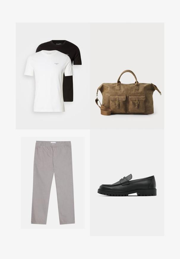 Dvě trička, jedno bílé a jedno černé, vyrobená z bavlny. Obě mají kulatý výstřih a krátké rukávy, s malým logem na hrudi.; Světle šedé bavlněné kalhoty s elastickým pasem, dvěma bočními kapsami, rovnými nohavicemi a hladkým povrchem. Jednoduché švy.; Černé kožené mokasíny s kulatou špičkou, zdobené prošitím, s nízkou platformou a texturovanou gumovou podrážkou s drážkováním.; Hnědá kožená cestovní taška s dvěma předními kapsami, nastavitelným ramenním popruhem, zlatými kovovými prvky a pevnými horními uchy. Hladký povrch.; Vícevrstvý náhrdelník s kovovými stříbrnými řetězy a korálky v bílé a hnědé barvě, který představuje různé textury a tvary.