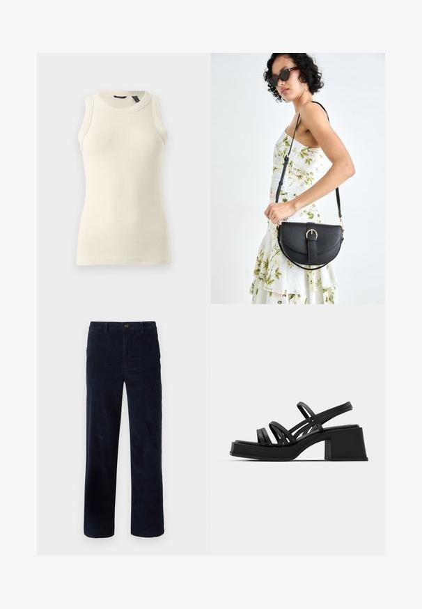 Kremfarget, ermeløs topp laget av ribbestrikket stoff; har rund hals og figurnær silhuett med subtile teksturer.; Mørkeblå kordfløyelsbukser med rette ben, med knappelukking og teksturert stoff. Ingen synlige mønstre eller detaljer.; Sorte hælede sandaler med flere tynde stropper og en bred blokhæl. Slank design med en mat tekstur. Sål har en let kurve.; Svart lærveske med en buet form, avtagbar stropp og gullbeslag. Vesken har et klaff med spenne-detall.